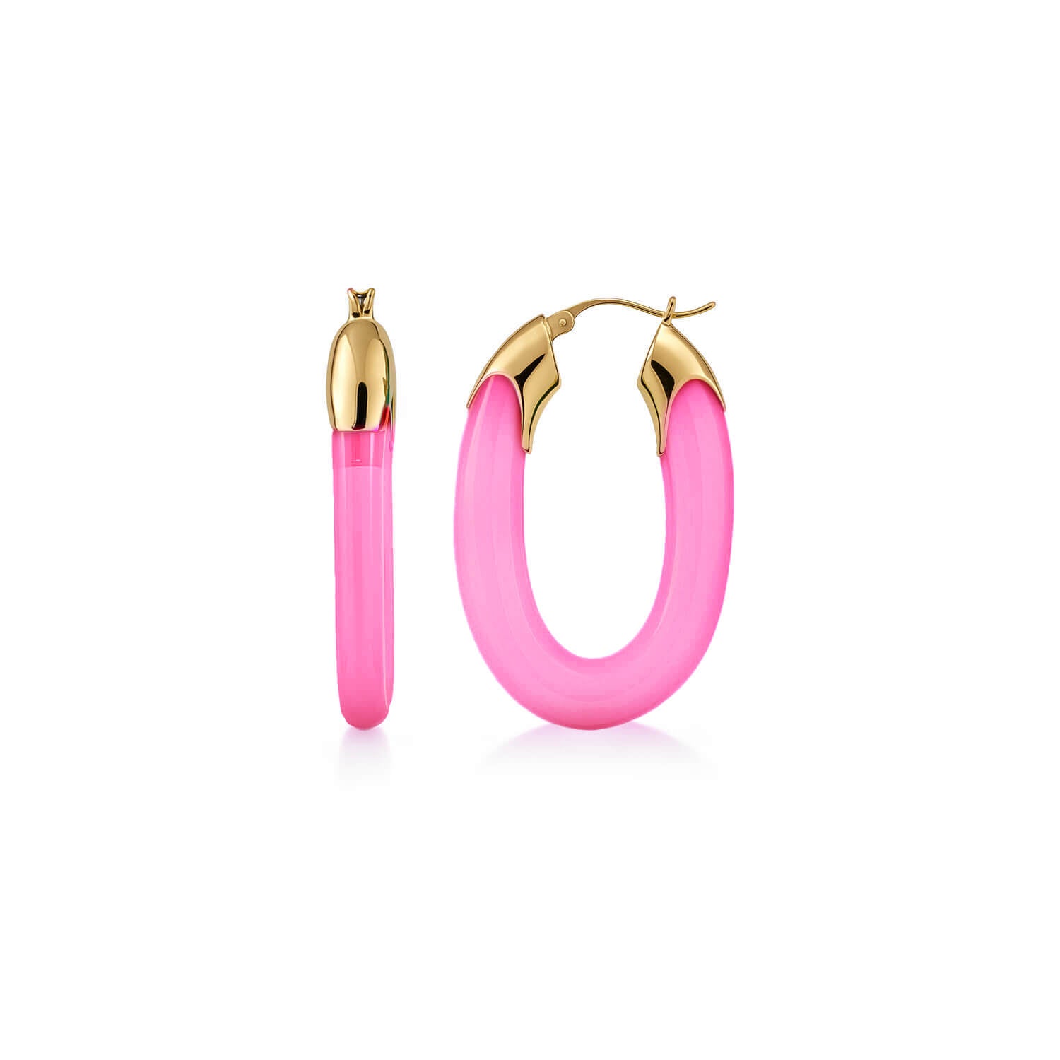 Carved Oval Lucite Birthstone Hoop Earrings in Pink Tourmaline