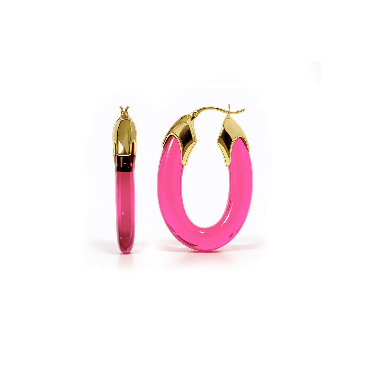 Pink hoop earrings with gold accents on a white background