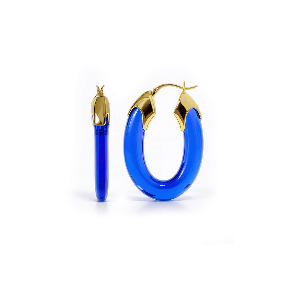 Blue hoop earrings with gold accents on a white background