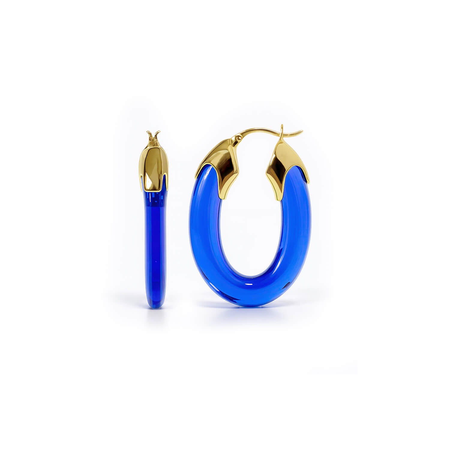 Blue hoop earrings with gold accents on a white background