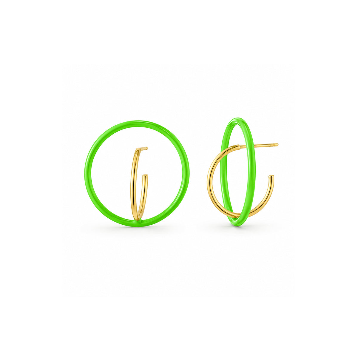 A pair of gold hoop earrings with bright green circular accents, shown from both front and side angles on a clean white background.