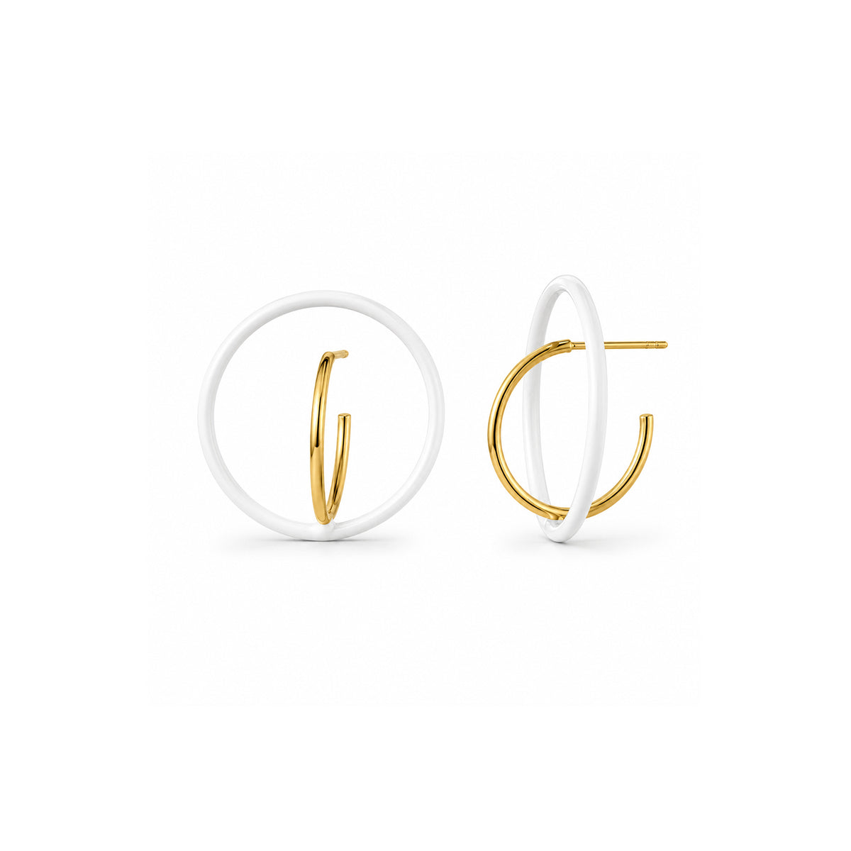 A pair of minimalist hoop earrings featuring a thick white outer ring and a thin gold inner hoop, shown from two angles on a clean white background.
