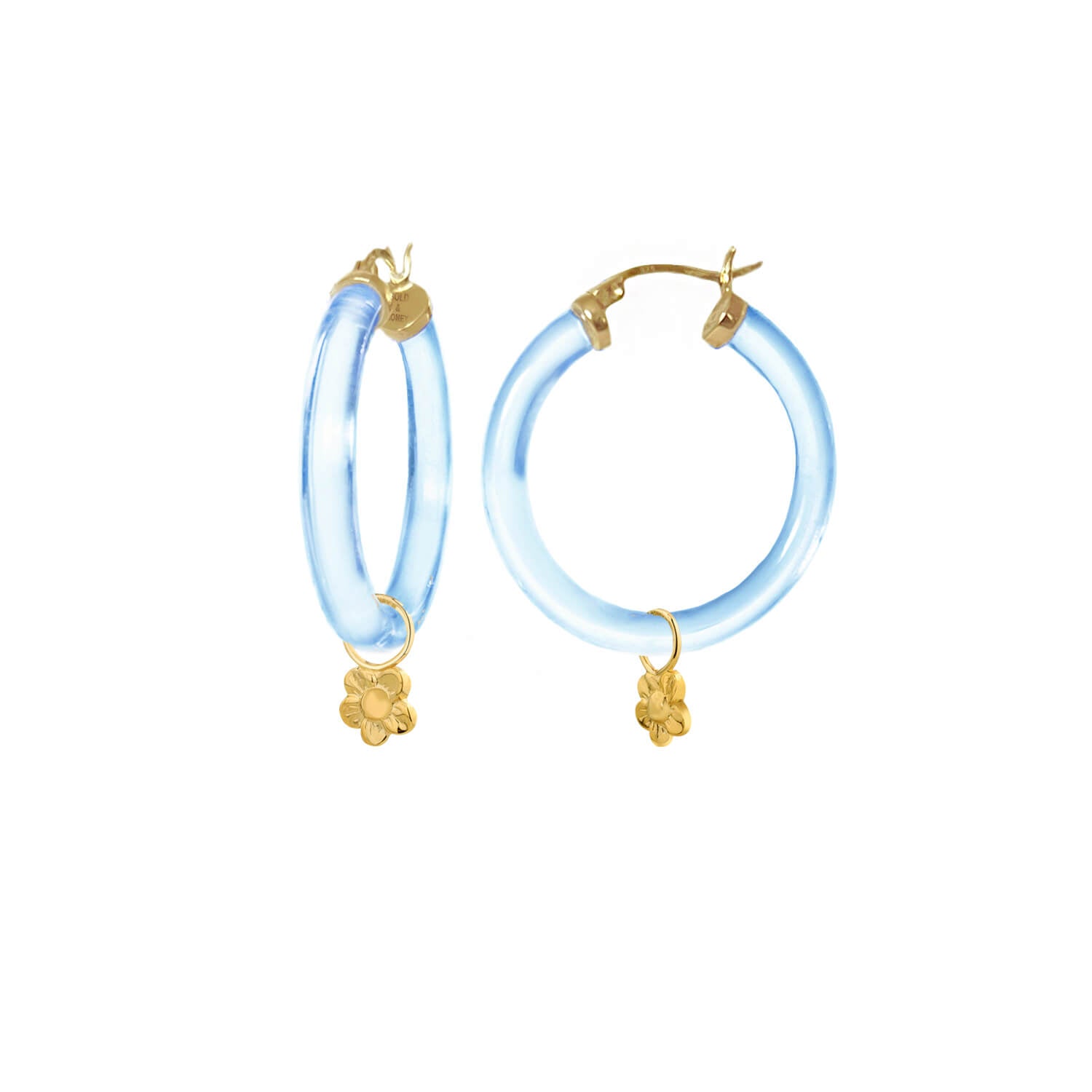 flower daisy charm hoop earrings in blue lucite