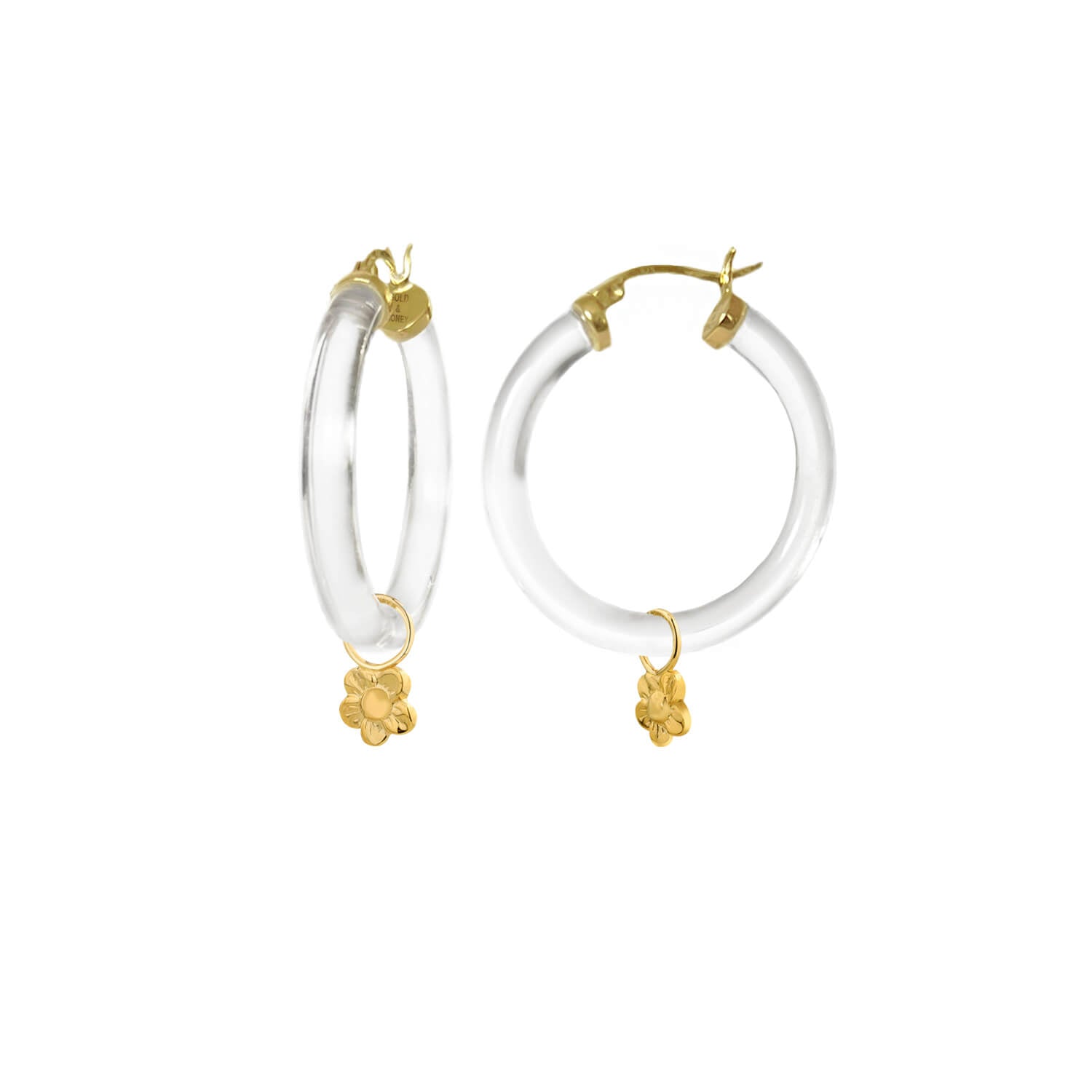 flower daisy charm hoop earrings in clear lucite