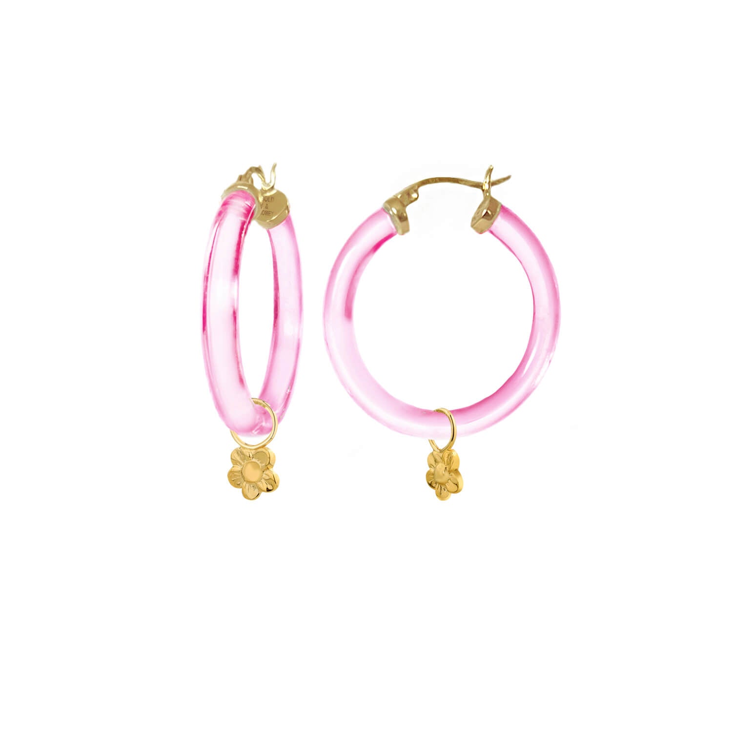 flower daisy charm hoop earrings in pink lucite