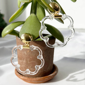 clip on lucite earrings in a clear flower motif