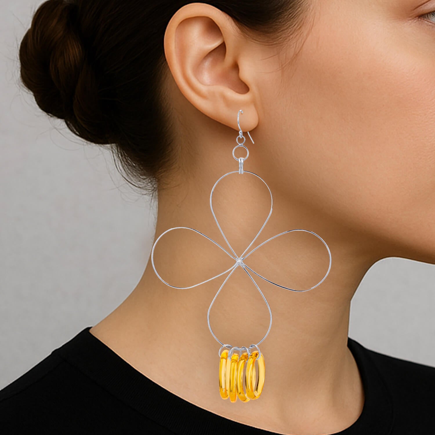 Yellow Lucite and Silver Flower Drop Earrings