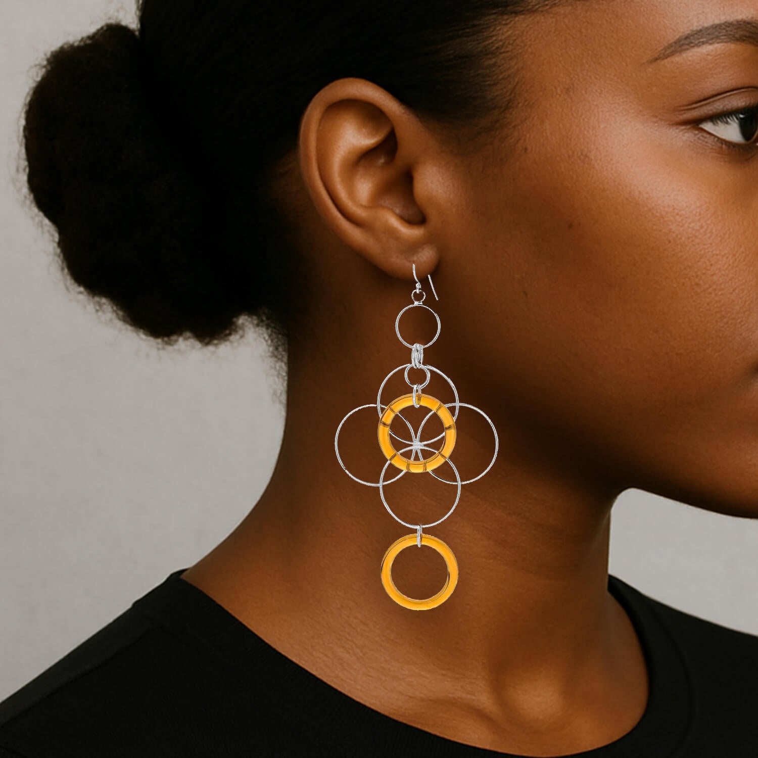 Orange Lucite and Silver Floral Drop Earrings