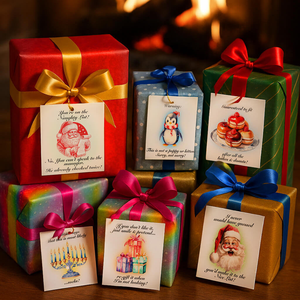 Stack of Christmas-themed gift boxes with festive ribbons and cards in front of a fireplace.
