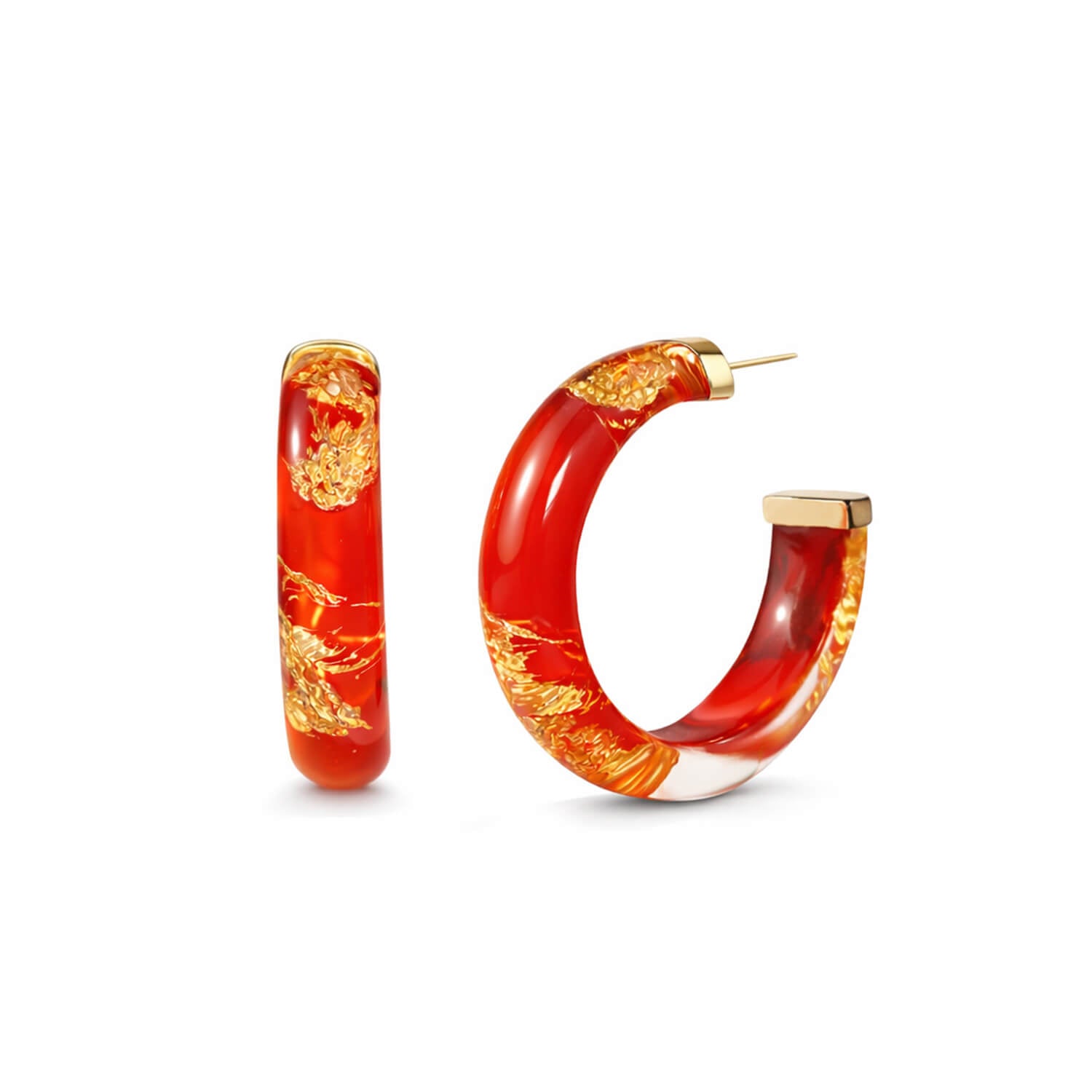 Red hoop earrings with gold accents on a white background
