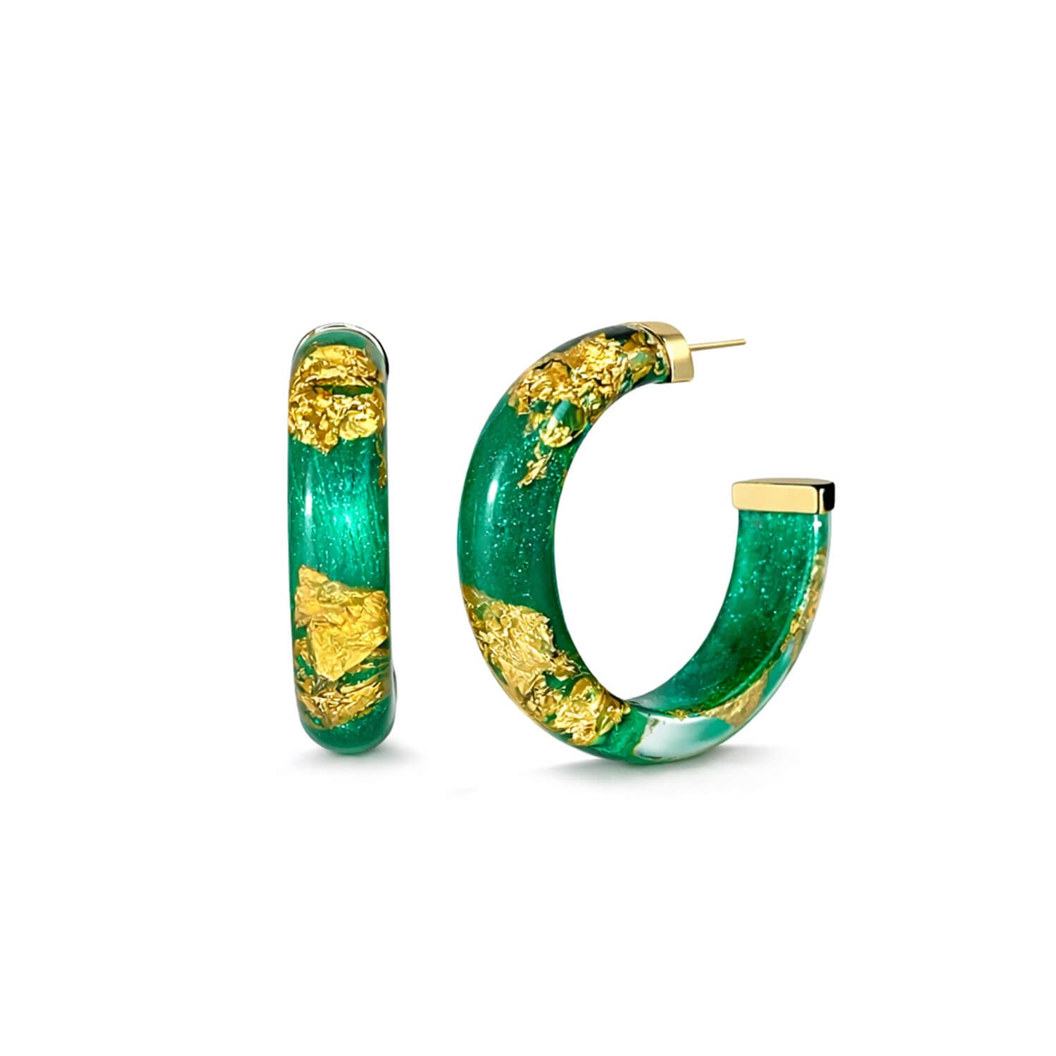 Green hoop earrings with gold accents on a white background