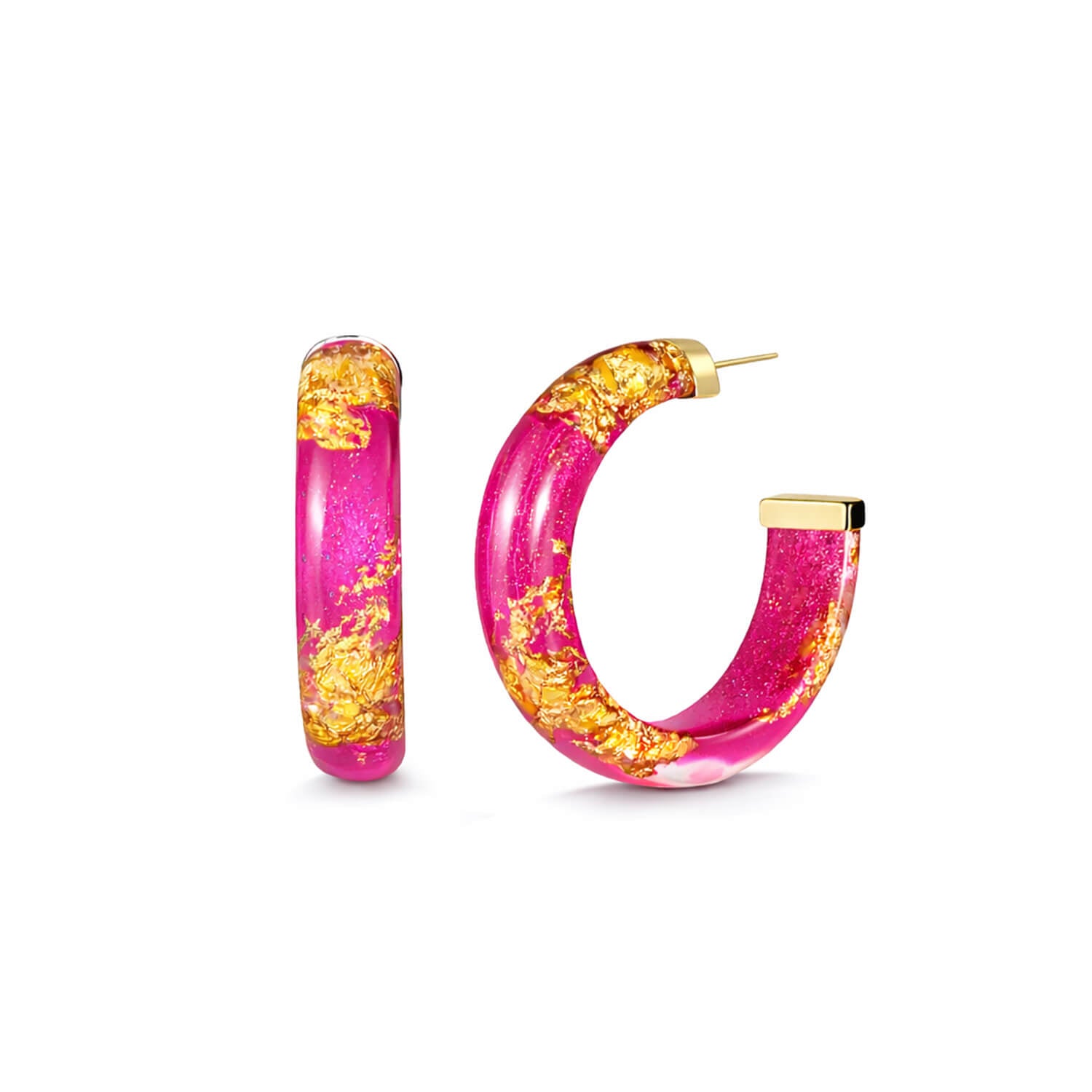 Pink hoop earrings with gold accents on a white background