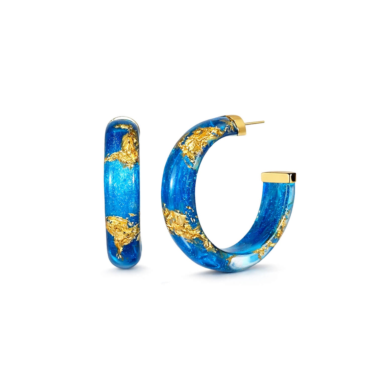 Blue hoop earrings with gold accents on a white background