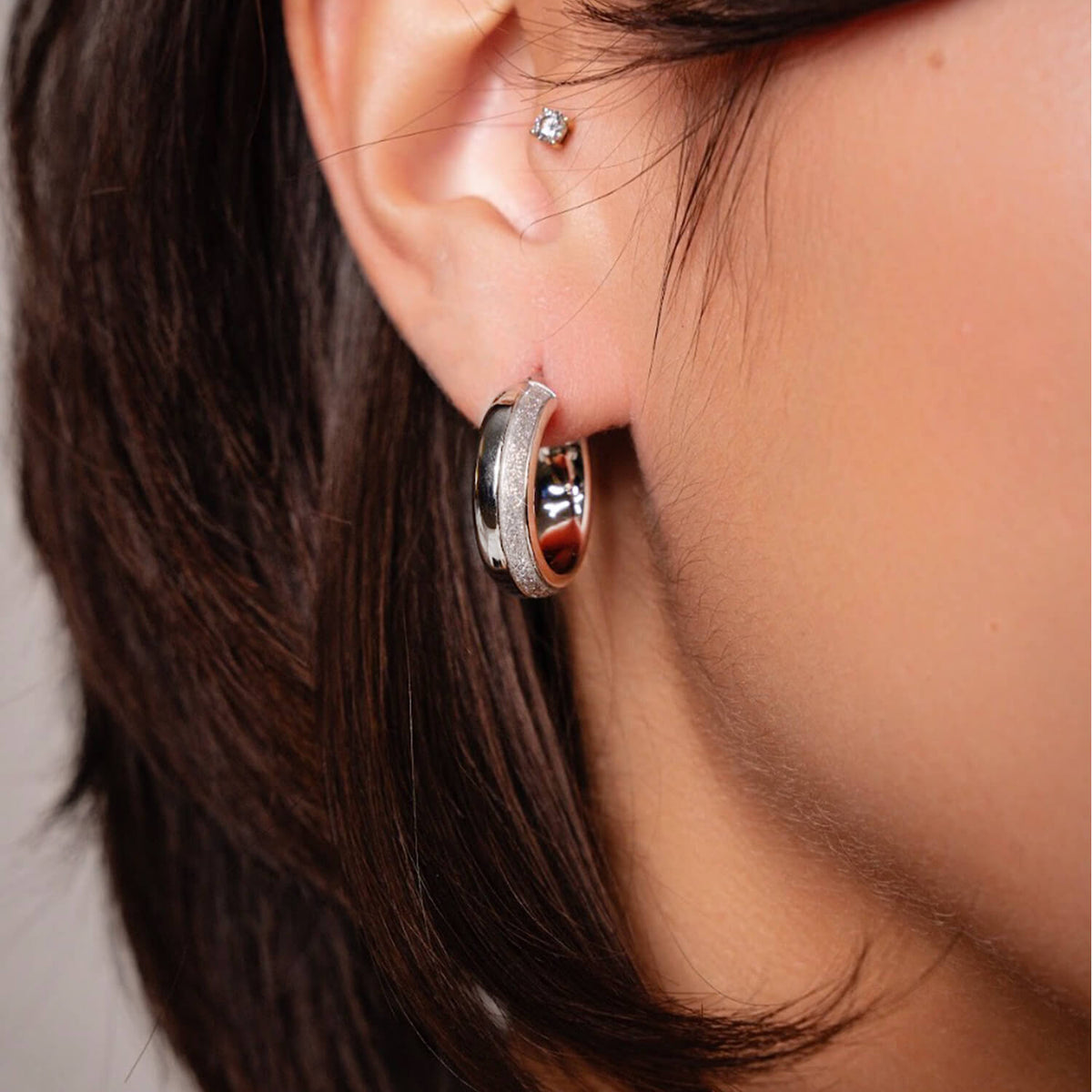 SILVER GLITTER HUGGIE HOOP EARRINGS