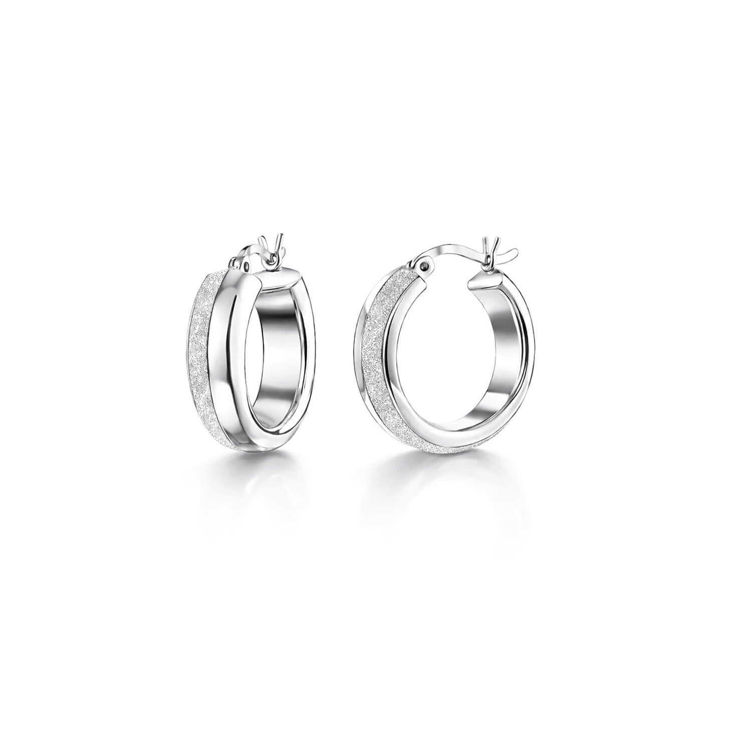Pair of silver hoop earrings on a white background