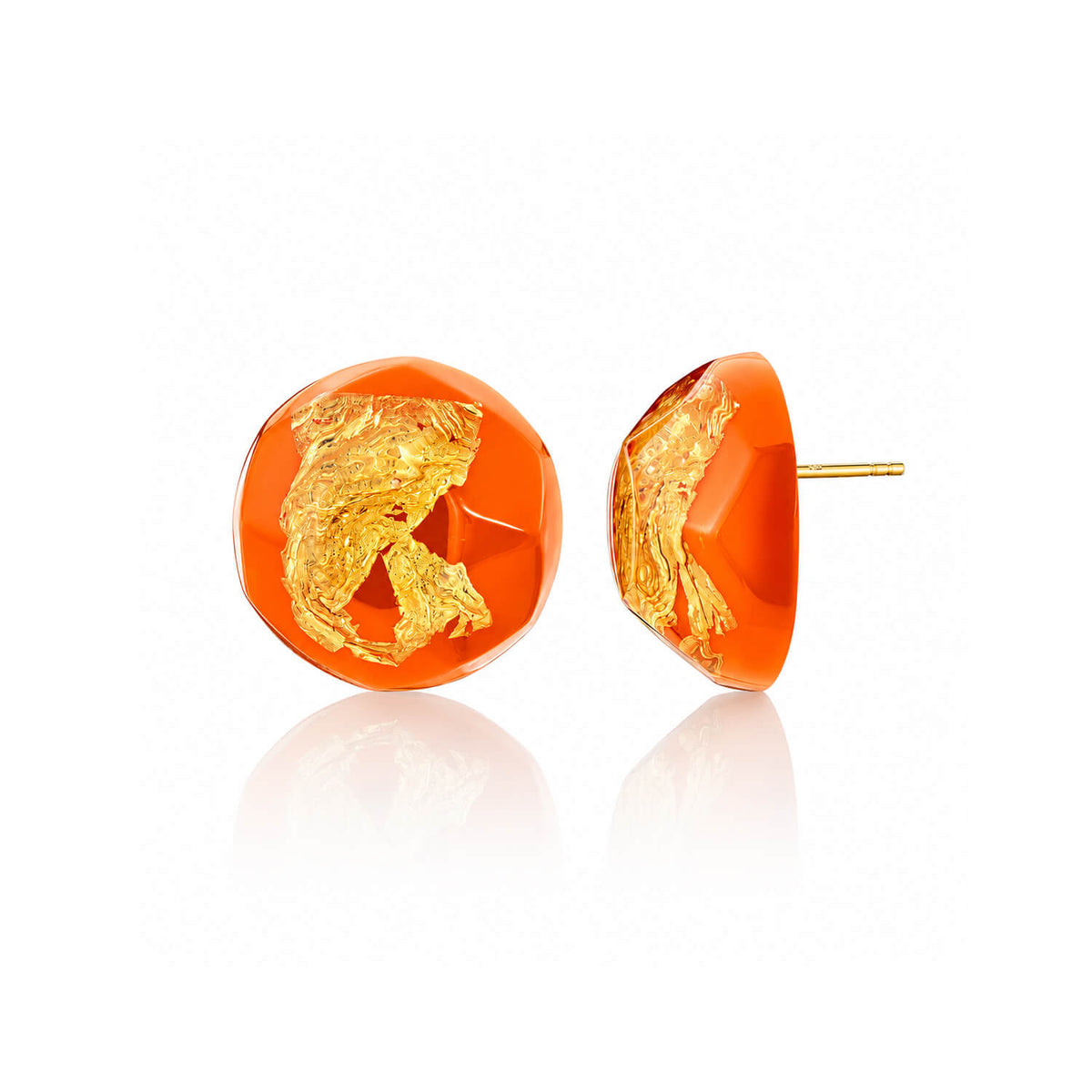 A pair of orange resin stud earrings with textured gold foil inlay, shown from both front and side angles on a white reflective background.