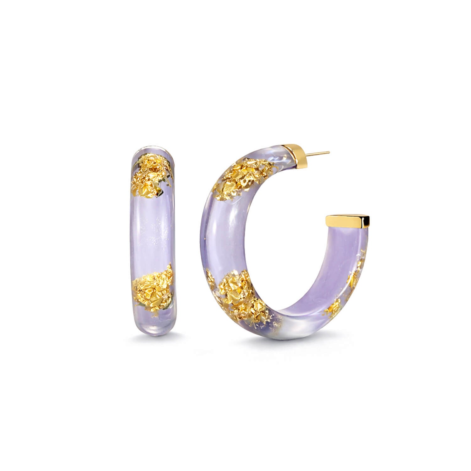 Purple hoop earrings with gold accents on a white background