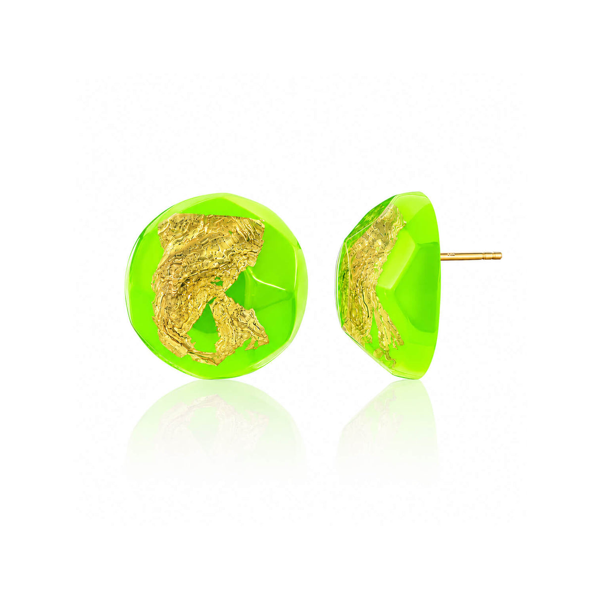 A pair of round stud earrings with vibrant neon green resin and textured gold leaf inlay, shown from both front and side angles on a white background.