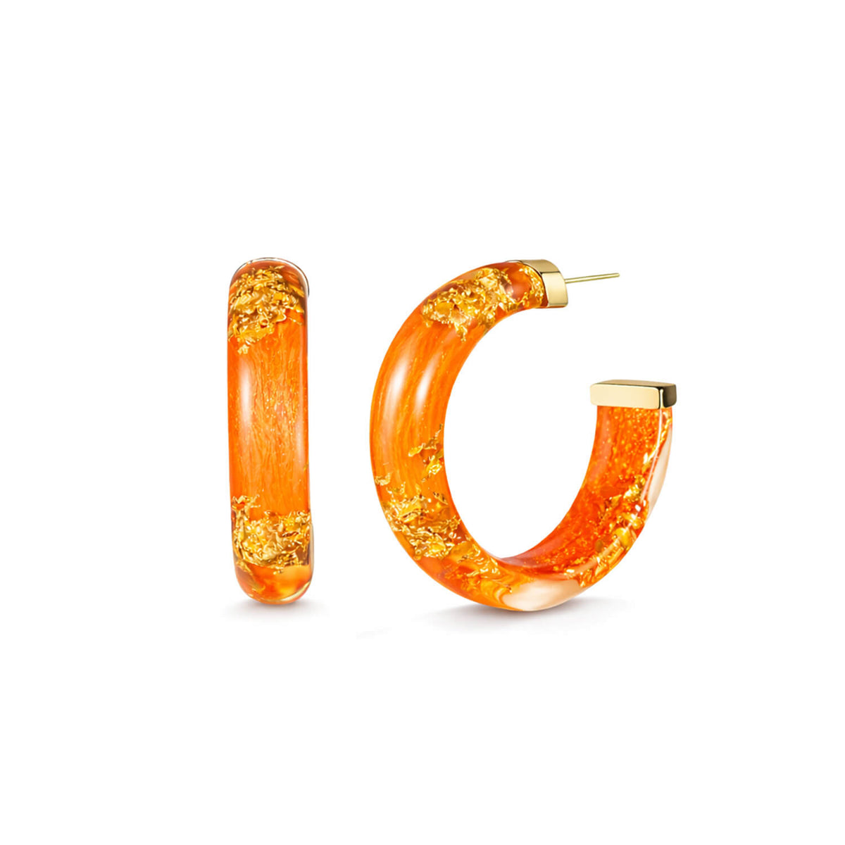 Orange hoop earrings with gold accents on a white background