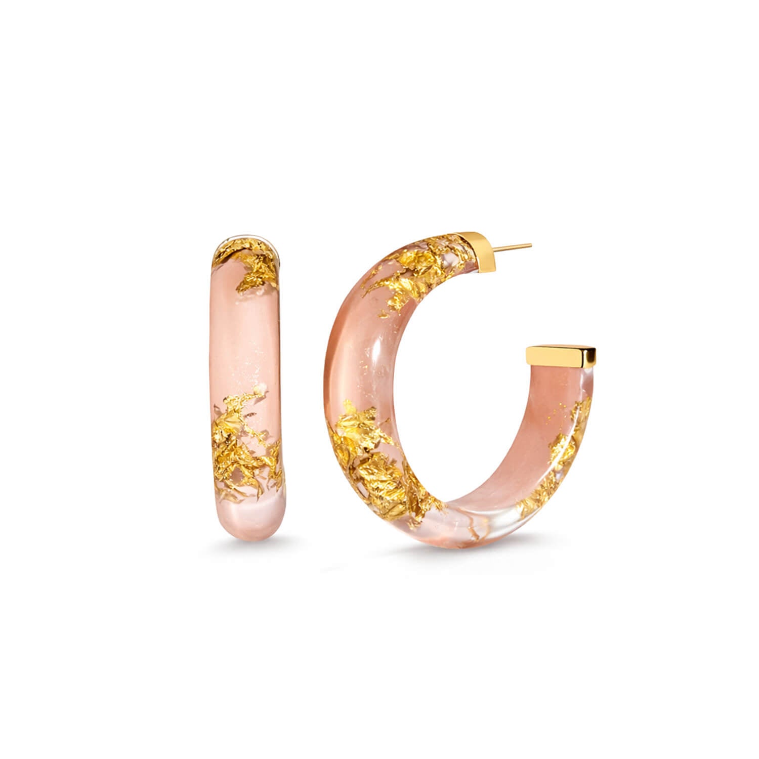 Gold hoop earrings with pink accents on a white background