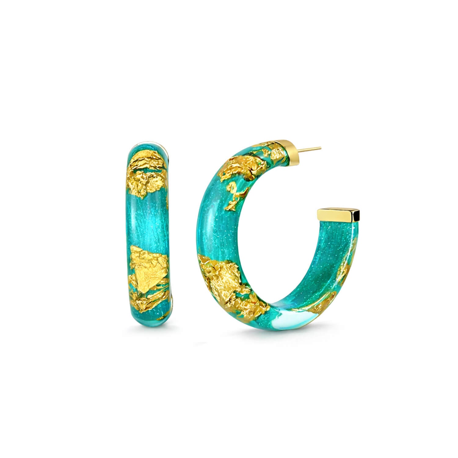 teal hoop earrings with gold accents on a white background