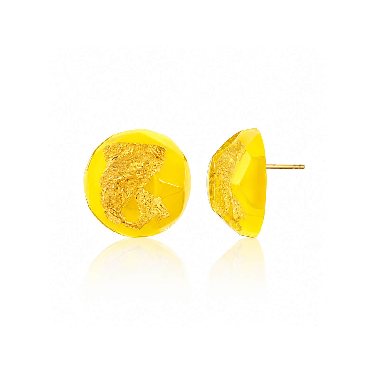 A pair of yellow faceted resin stud earrings with embedded gold foil, shown from both front and side angles on a white background.