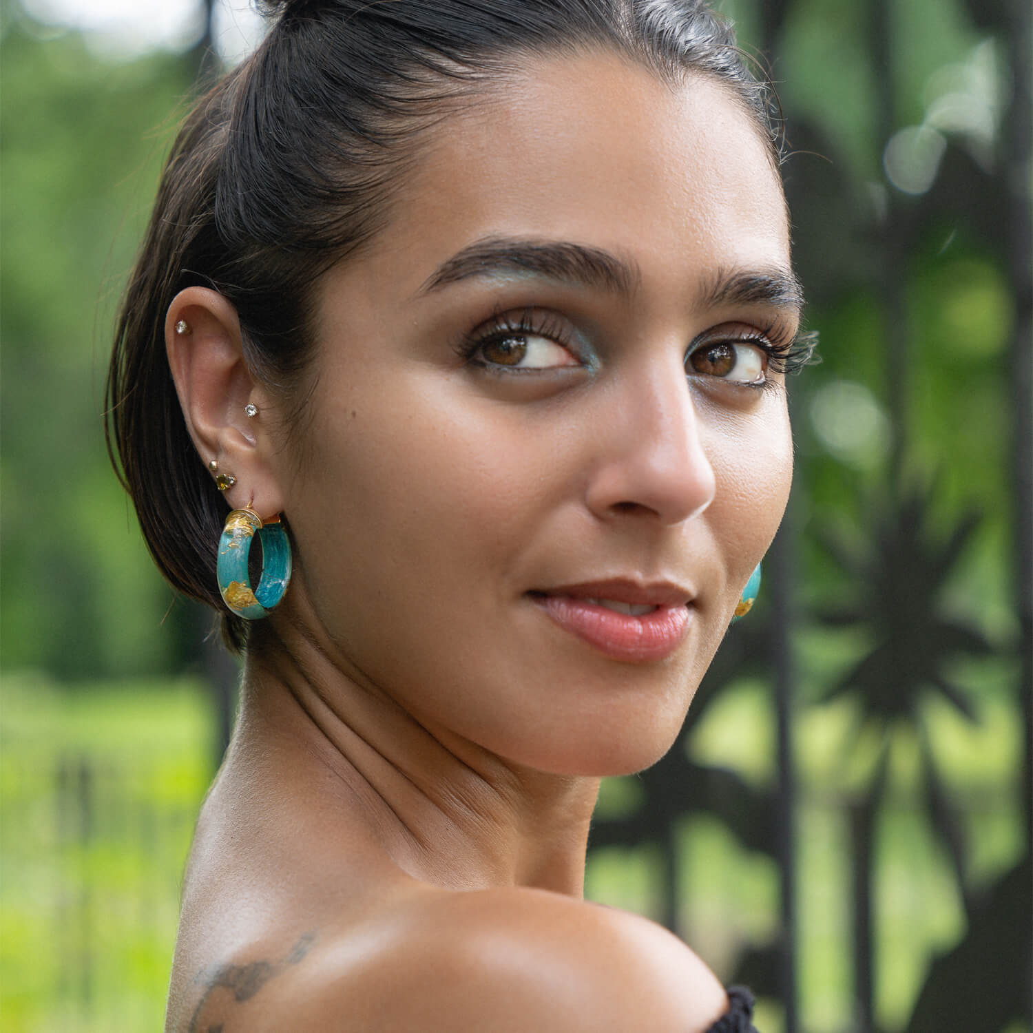 Gold Leaf Hoops in Turquoise