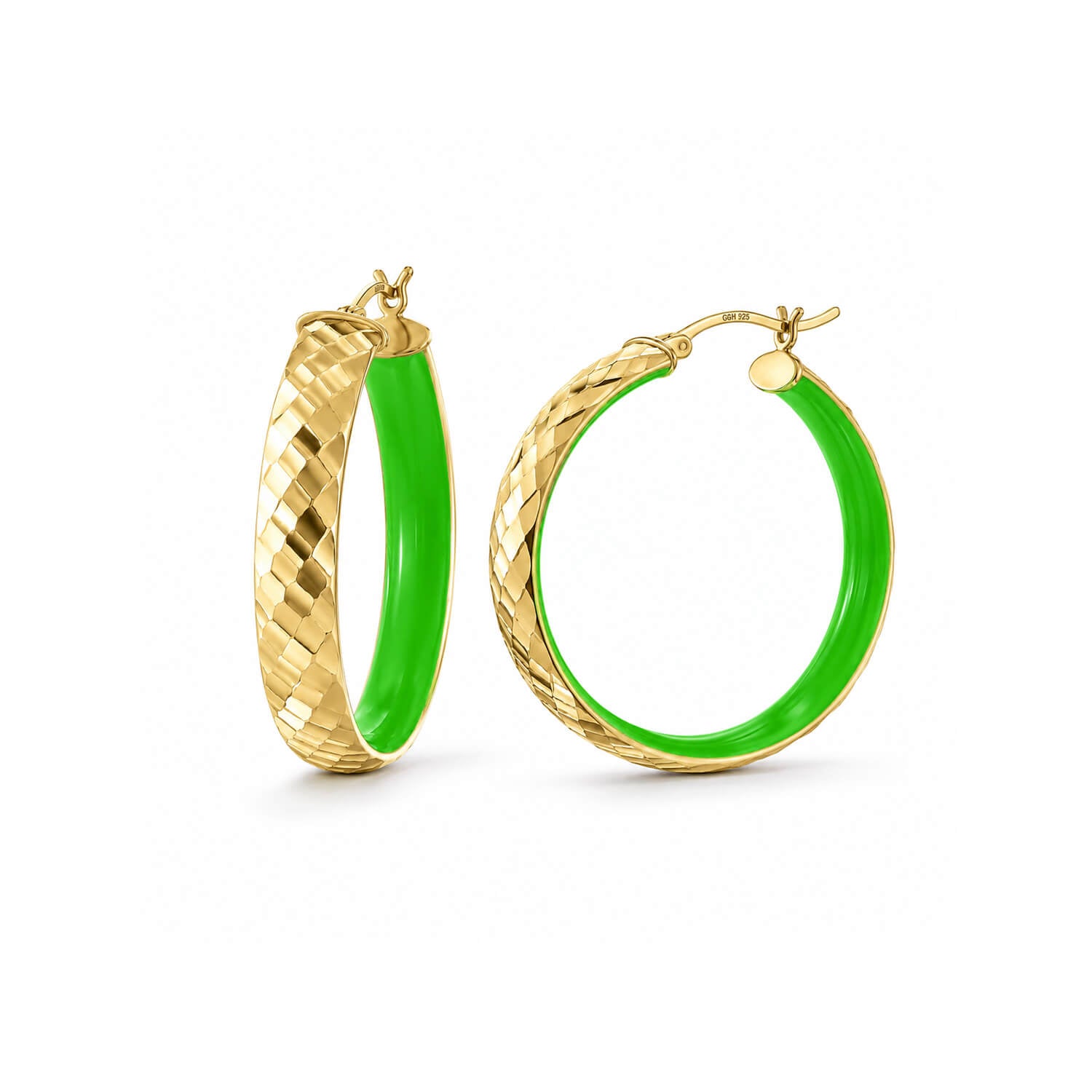 A pair of gold hoop earrings with a bright green enamel interior, shown on a clean white background. One earring is oriented to show the textured gold outer band, and the other shows the smooth gold inner band alongside the green interior.