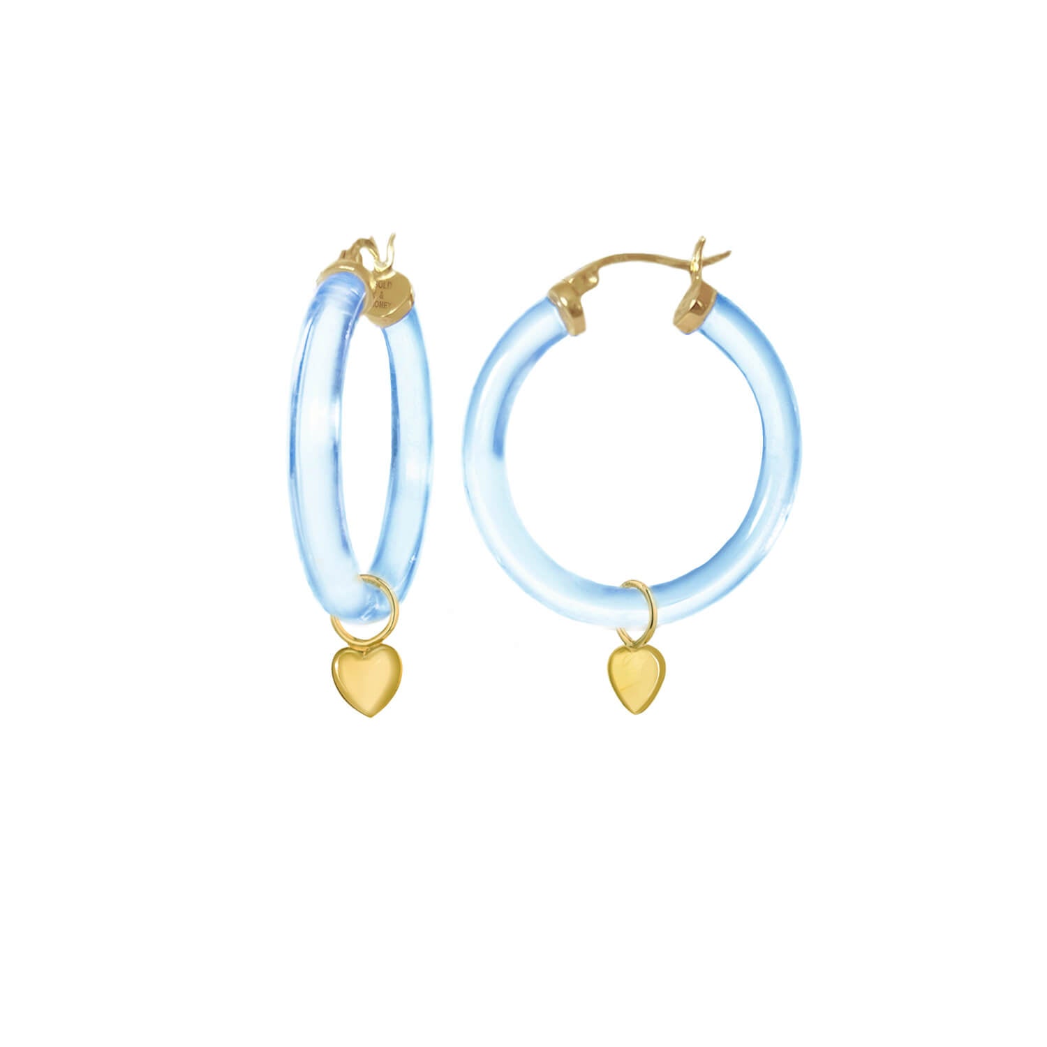 small heart charm hoop earrings in blue lucite