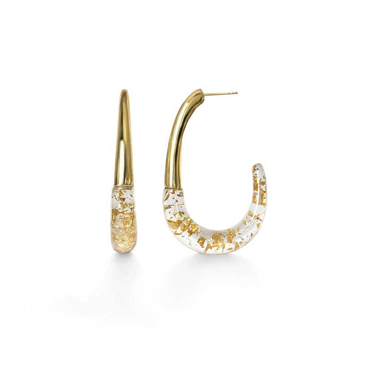 Thin J hoop drop earrings in clear with 24k gold leaf flakes