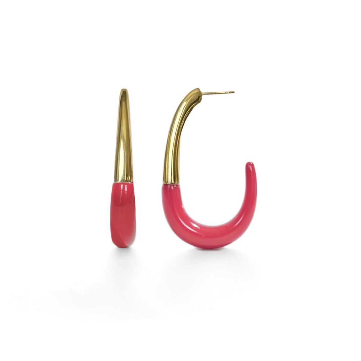 Thin J hoop drop earrings in Pink