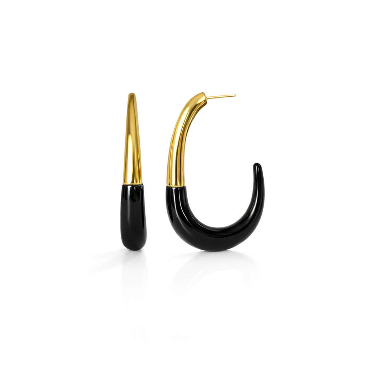Black and gold hoop earrings on a white background
