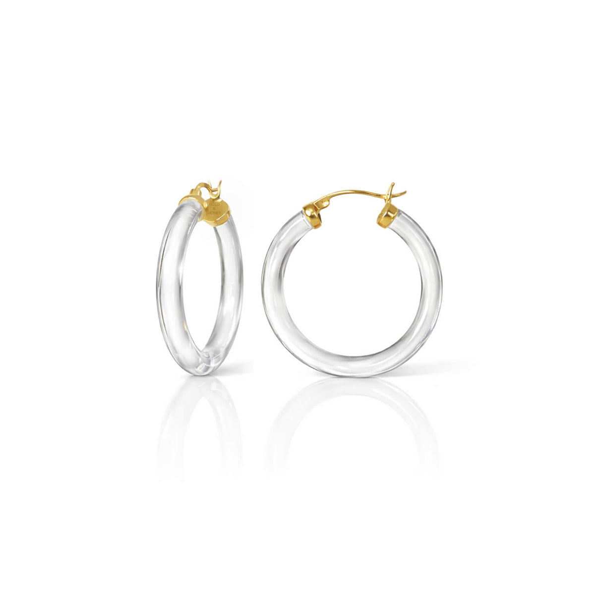 Clear hoop earrings with gold ends on a white background