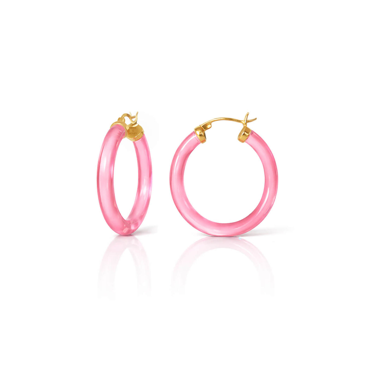 Pink hoop earrings with gold clasps on a white background