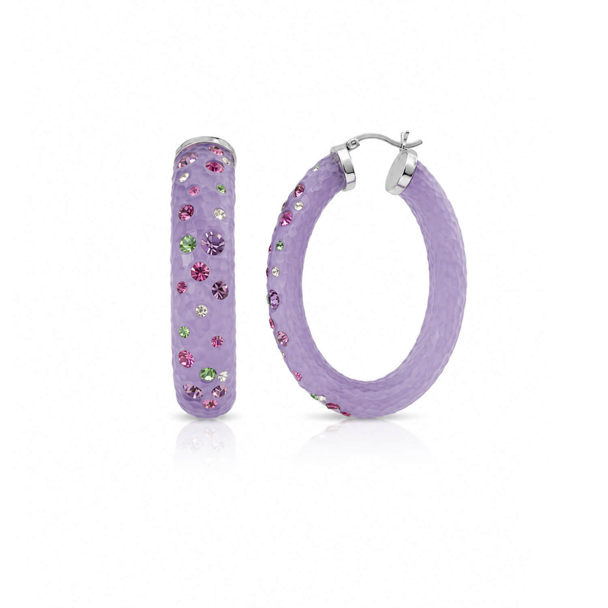 Purple hoop earrings with crystal embellishments on a white background