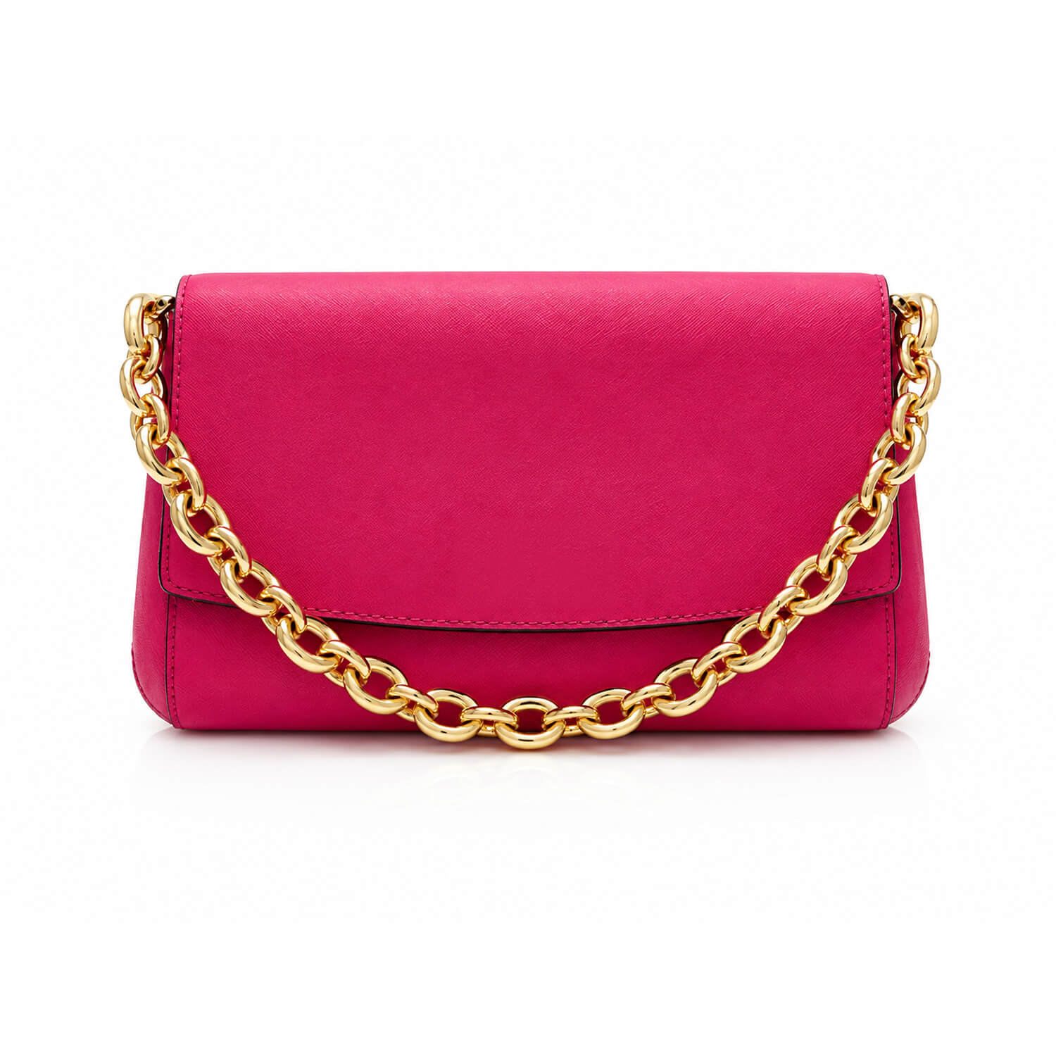 A bright pink leather shoulder bag with a gold chain strap, shown against a plain white background.