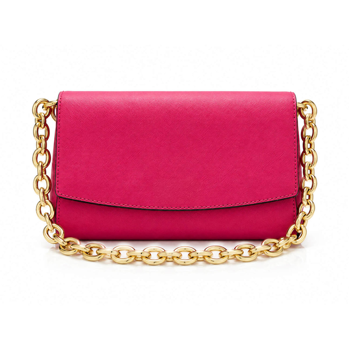 A bright pink leather clutch bag with a gold chain strap, displayed on a clean white background.