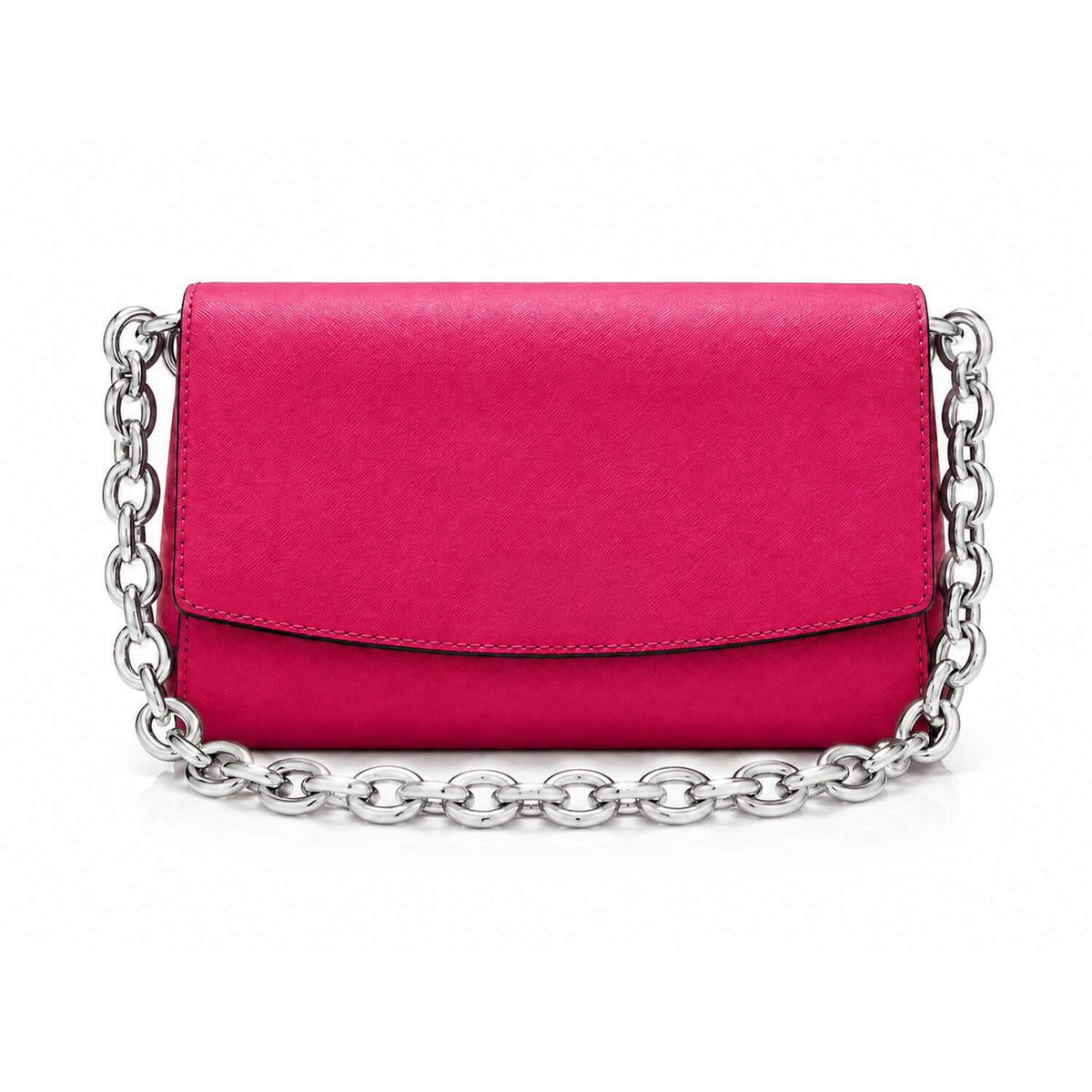A bright pink leather clutch bag with a silver-tone chain strap, photographed on a clean white background.