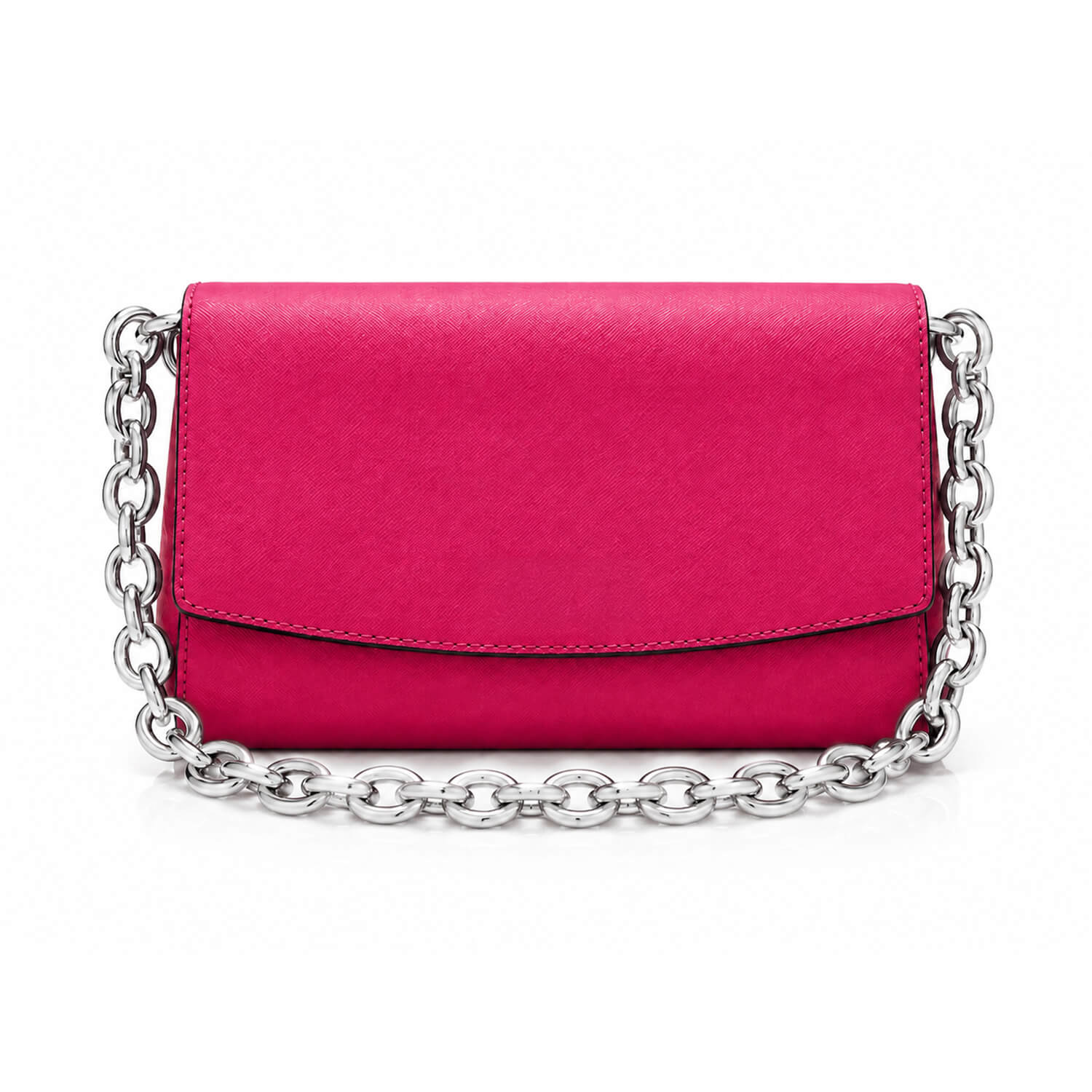 A bright pink leather clutch bag with a silver-tone chain strap, photographed on a clean white background.