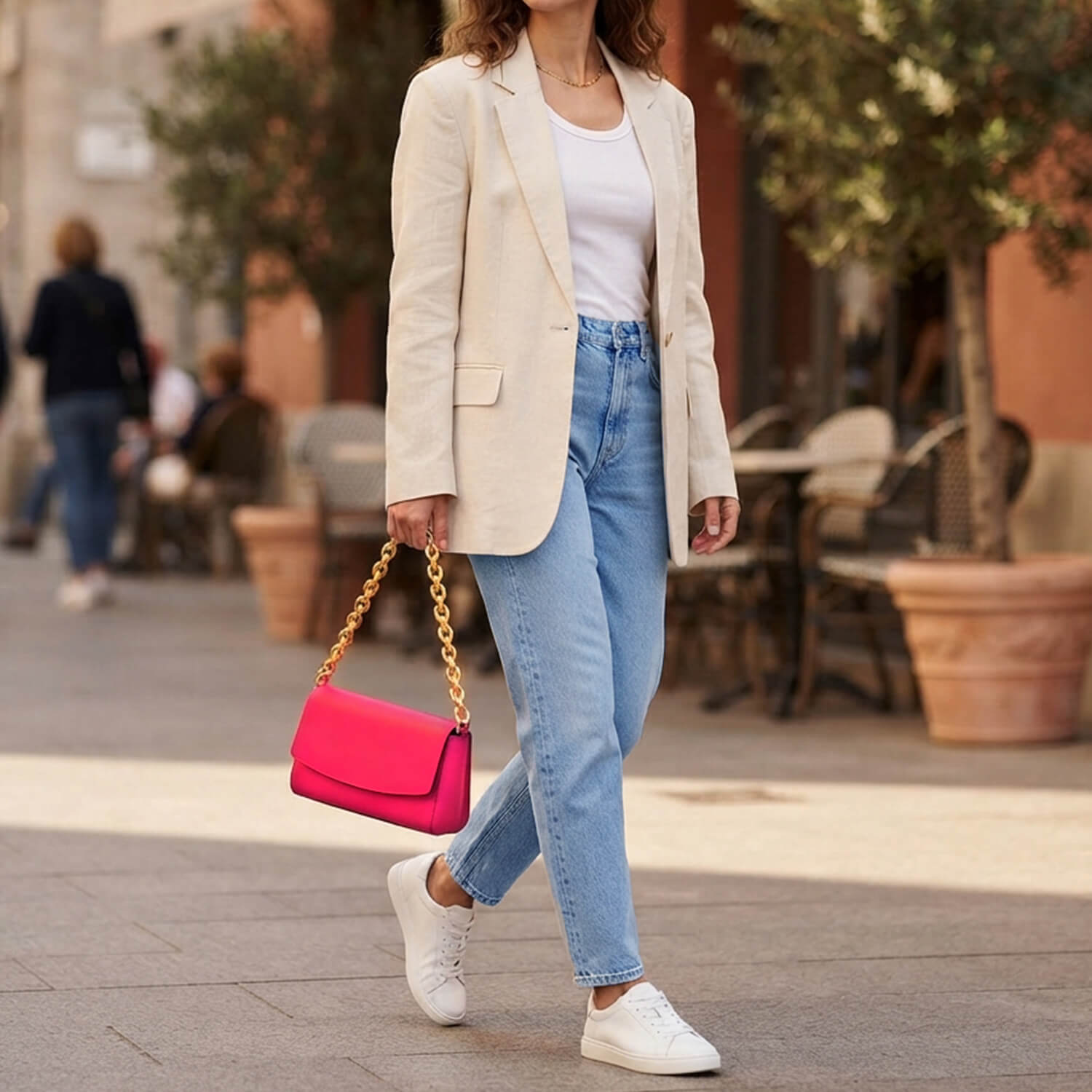 woman walking through a town holding a pink bag with a large chunky link chain