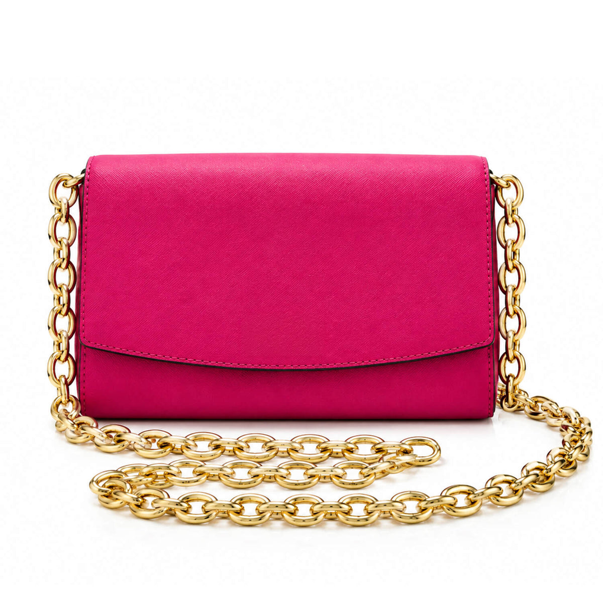 A bright pink envelope-style clutch bag with a gold-tone chain strap, displayed on a clean white background.