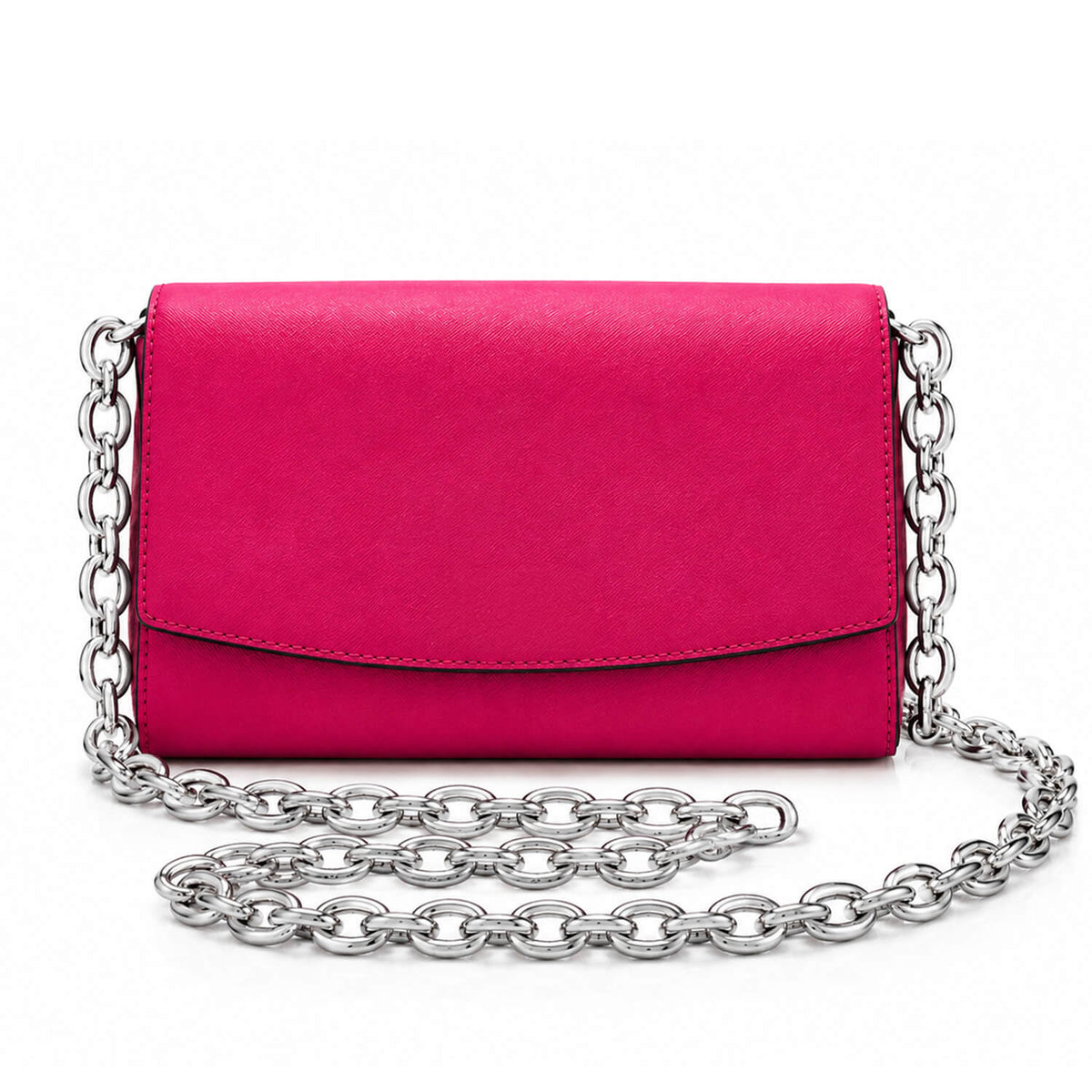 A bright pink pebbled leather clutch bag with a silver-tone chain strap, displayed on a clean white background.