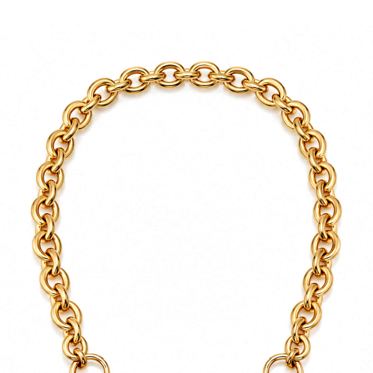 A close-up of a gold chain with large interlocking oval links, arranged in a curved shape against a plain white background.
