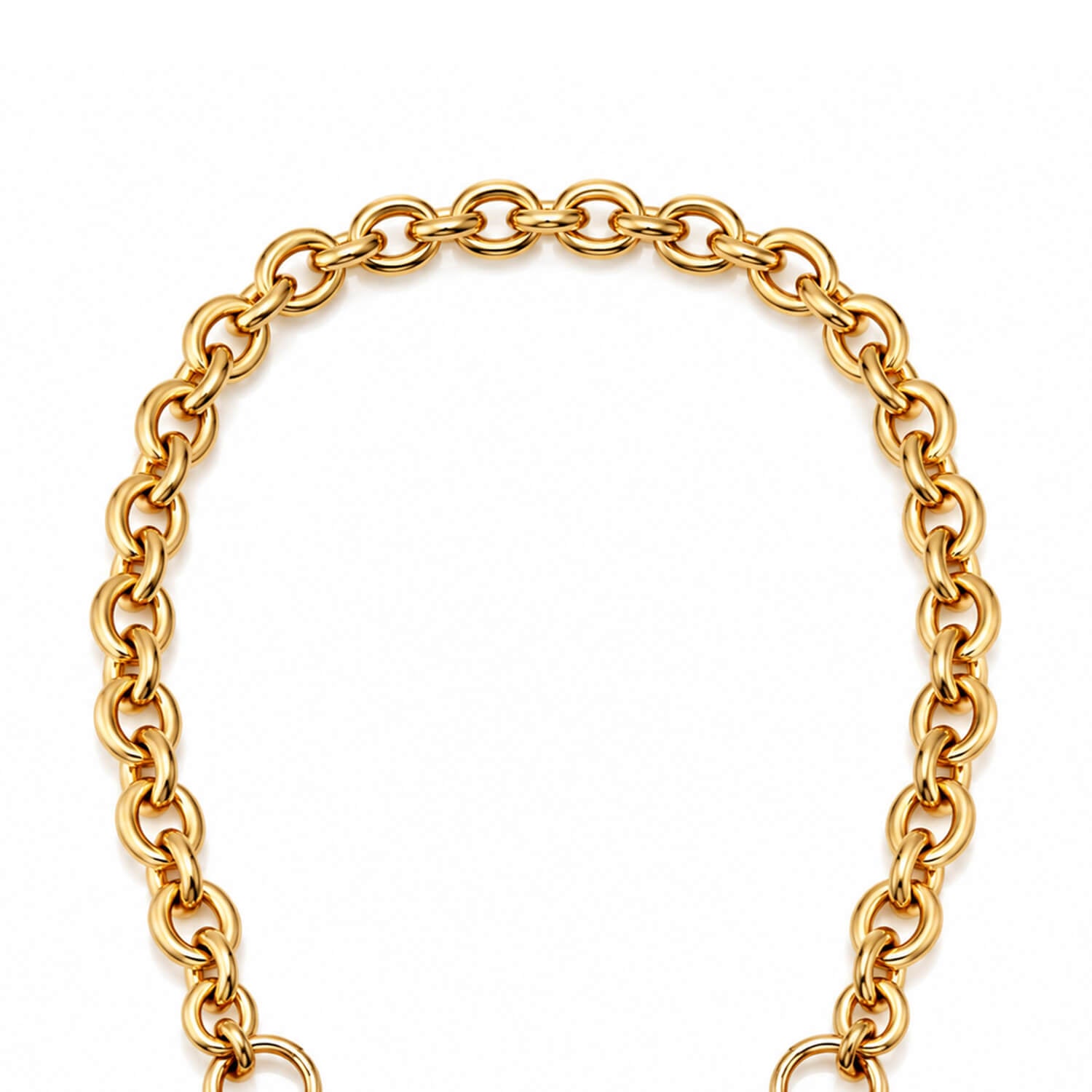 A close-up of a gold chain with large interlocking oval links, arranged in a curved shape against a plain white background.