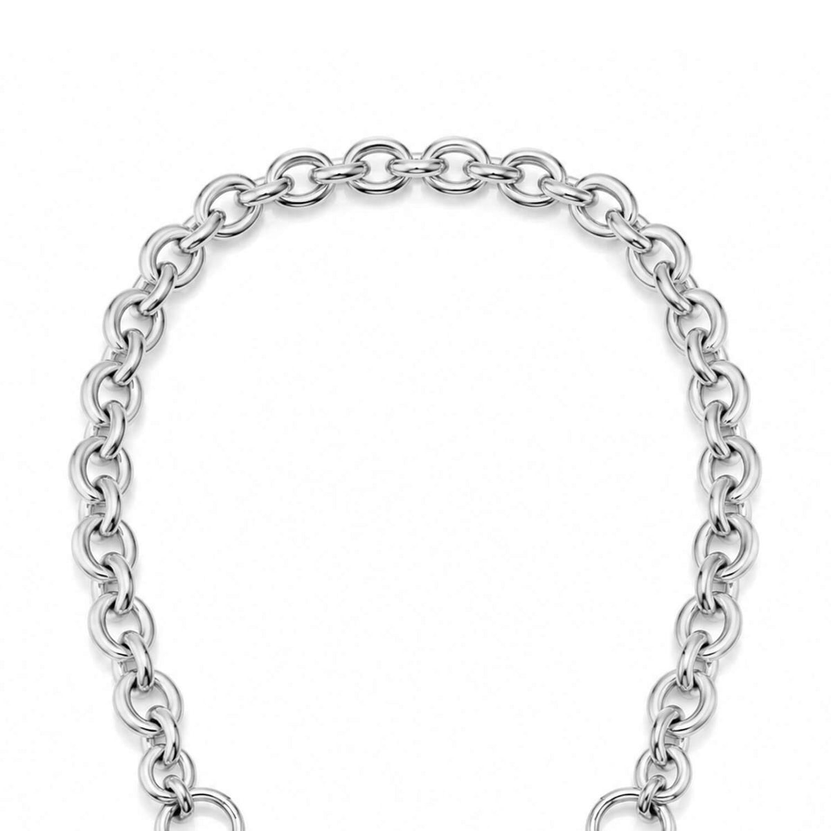 A close-up of a polished silver-toned metal chain links  on a plain white background.