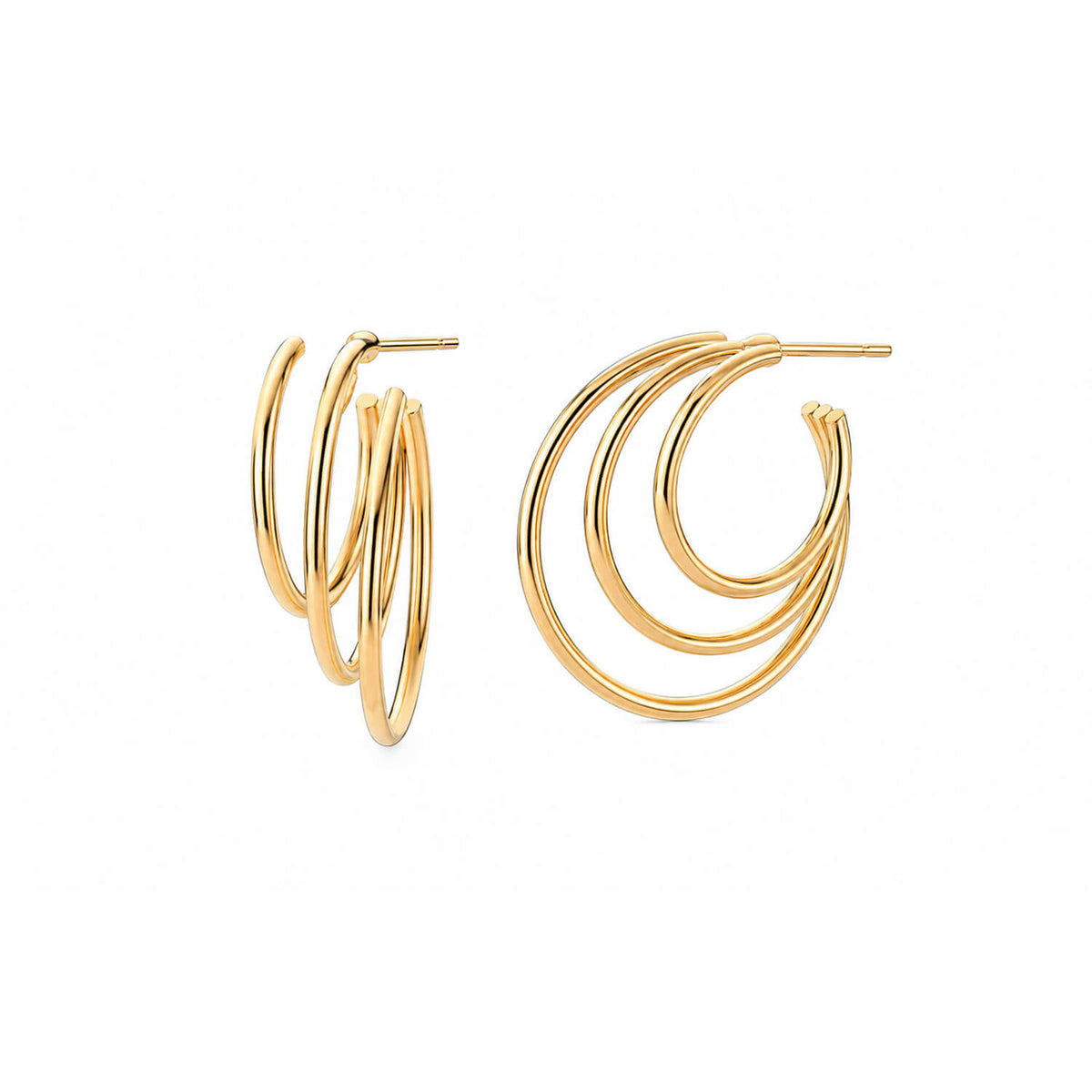 A pair of gold-toned hoop earrings with a modern, layered triple-ring design, shown on a plain white background.
