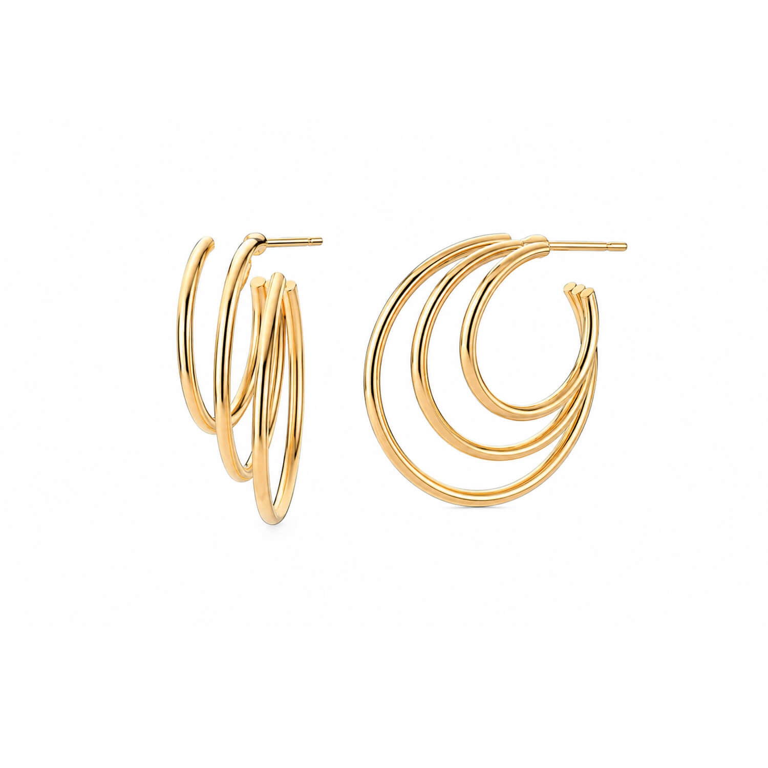 A pair of gold-toned hoop earrings with a modern, layered triple-ring design, shown on a plain white background.