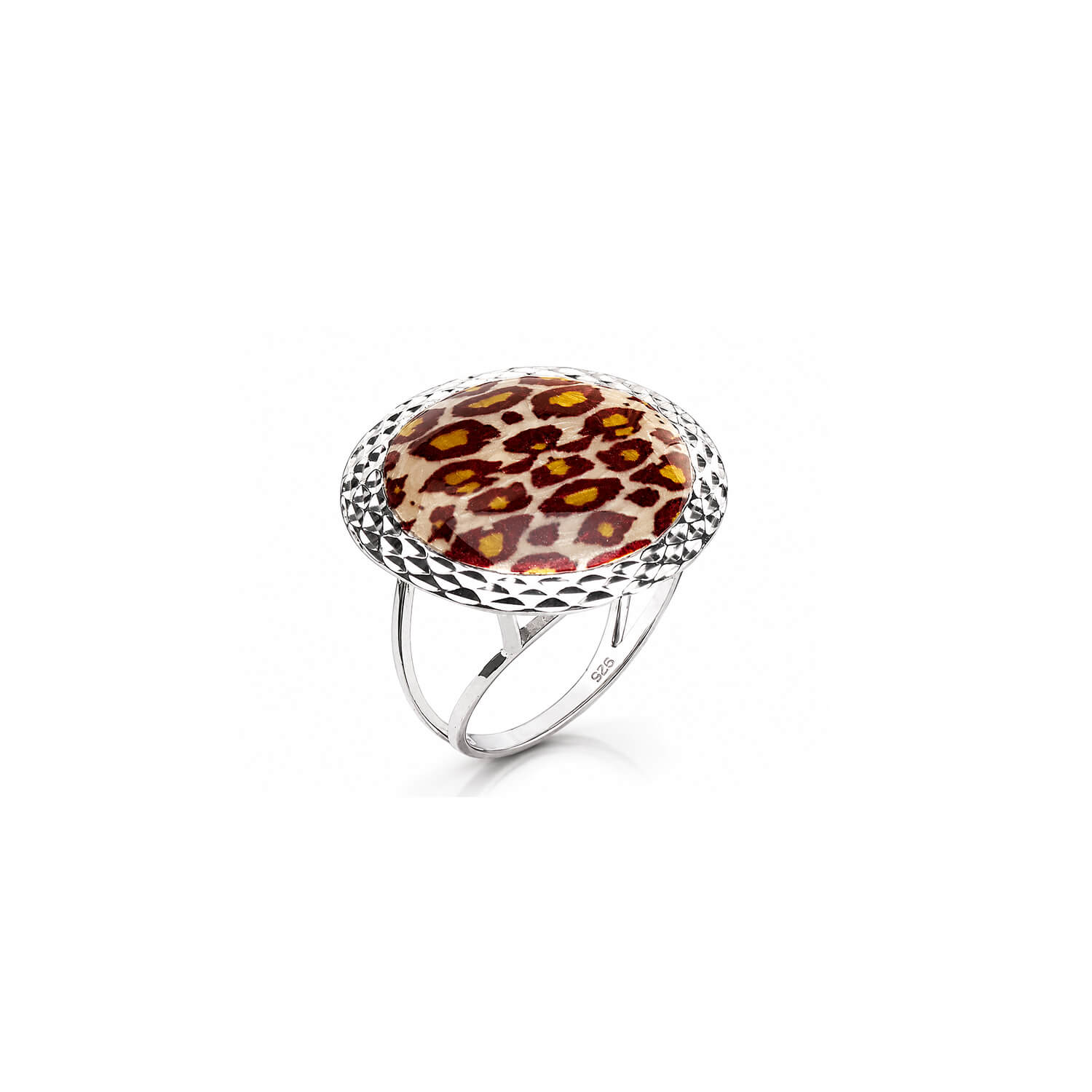 A silver ring with a textured bezel holding a round leopard print pattern in brown, orange, and cream, set against a plain white background.