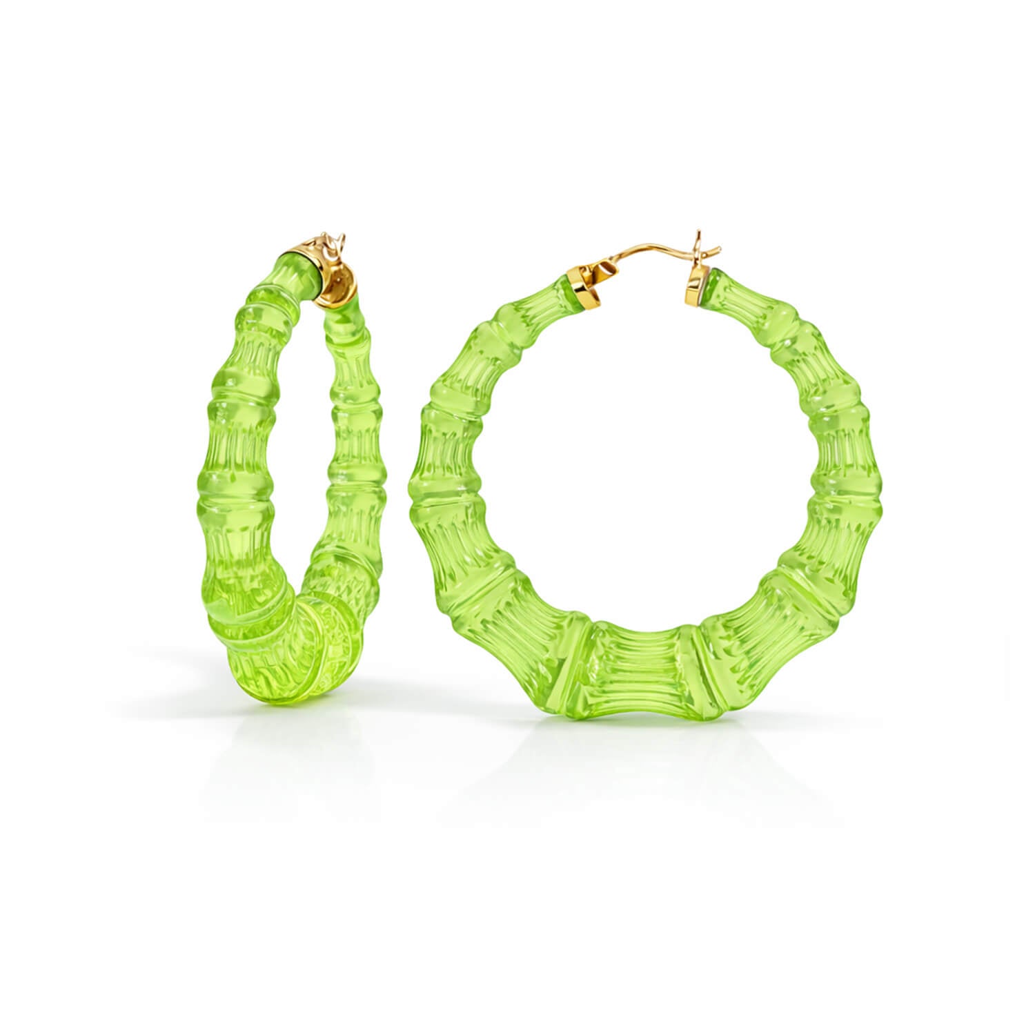 Pair of green hoop earrings on a white background