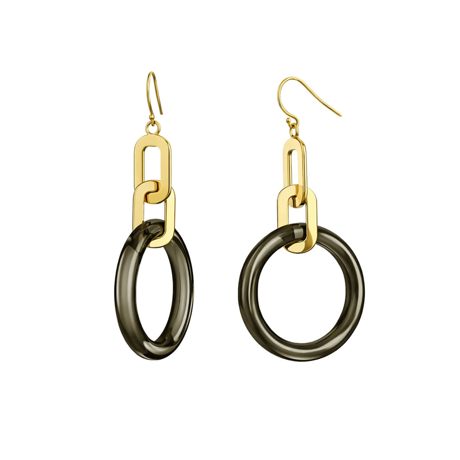 Gold and black hoop earrings on a white background